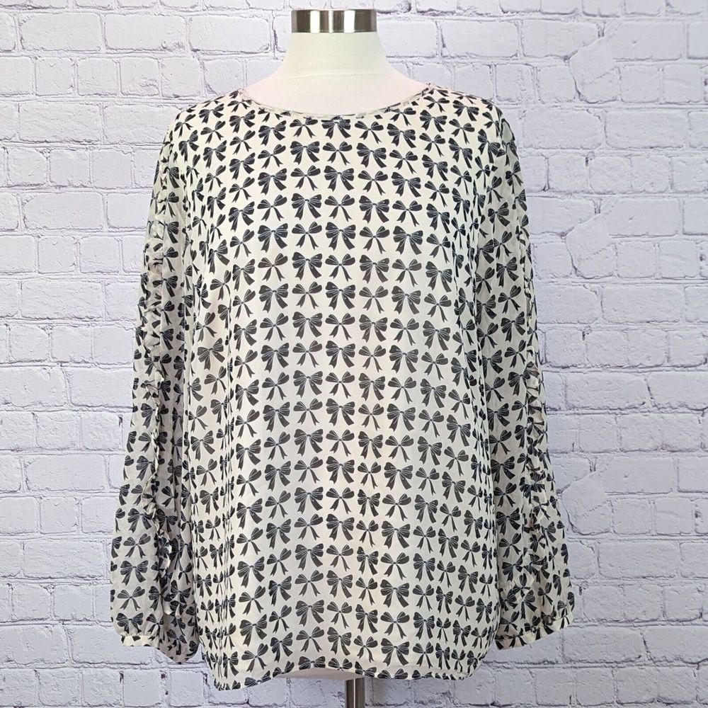 Talbots Sz XL Ivory Chiffon Top w Black Bows Ruffled Long Sleeves Career Wear